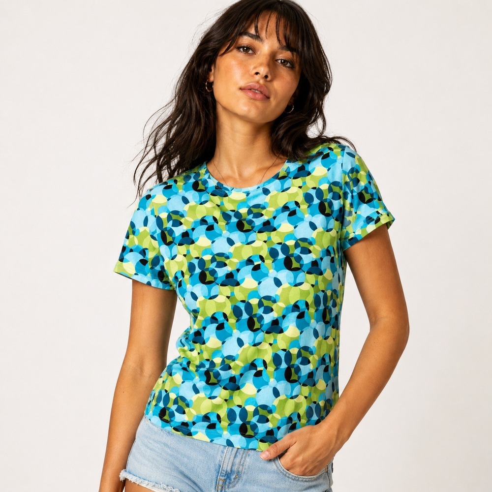 Made in Heaven Womens Geometric Print T Shirt M Retro Y2K Blue Green Tee